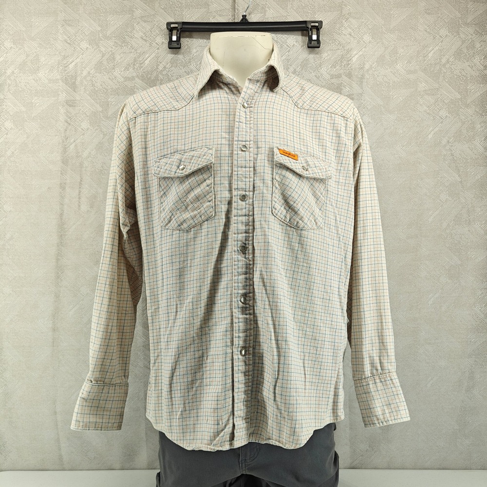Wrangler FR Western Shirt Men L-Reg White Plaid Pearl Snap Flame Resistant Work